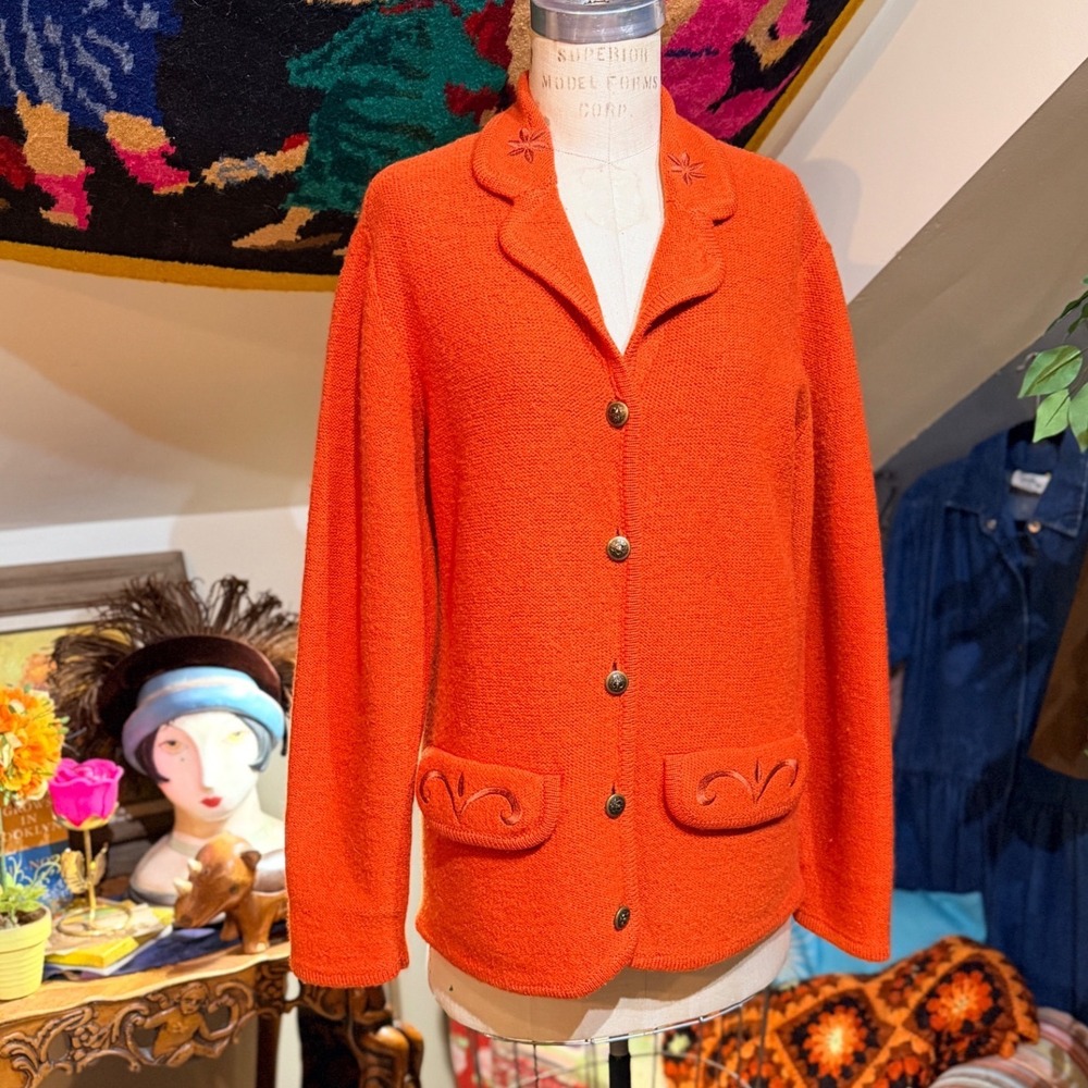 VTG Doncaster Orange Knit‎ Wool Cardigan Sweater Jacket Embroidered - size S